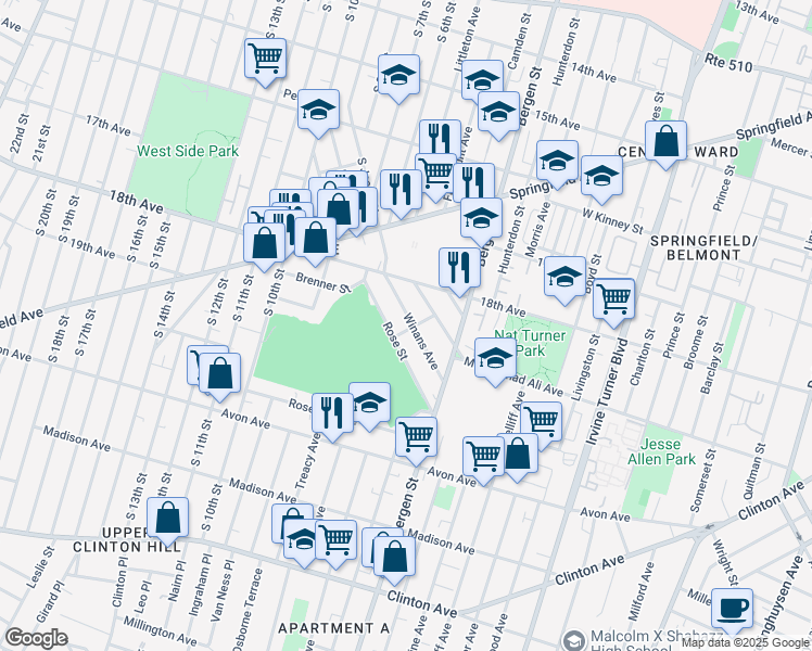 map of restaurants, bars, coffee shops, grocery stores, and more near 45 Winans Avenue in Newark