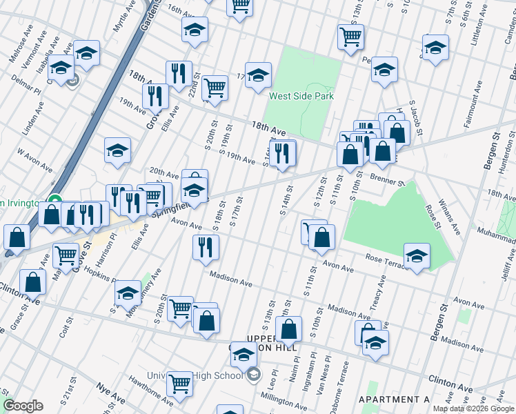 map of restaurants, bars, coffee shops, grocery stores, and more near 747 South 16th Street in Newark
