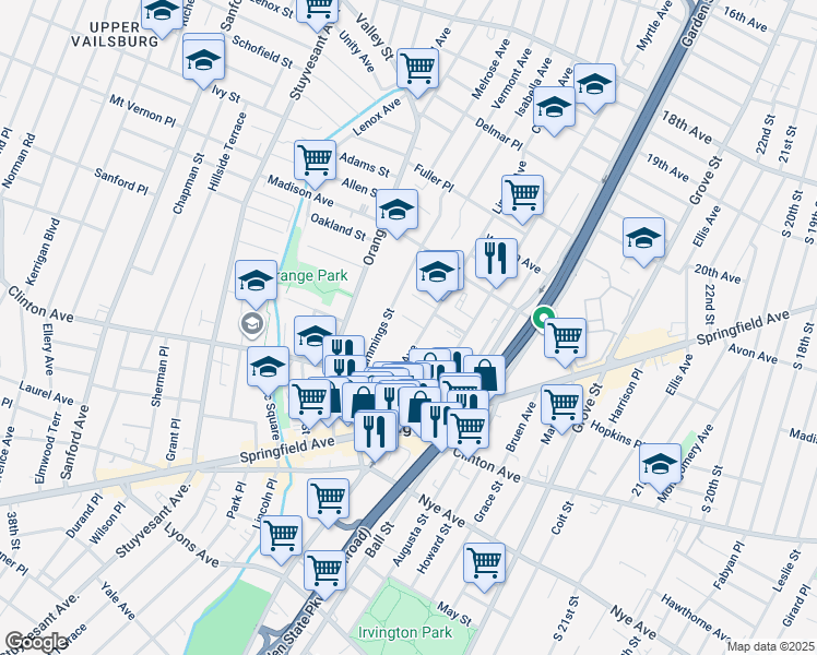 map of restaurants, bars, coffee shops, grocery stores, and more near 56 Cummings Street in Irvington