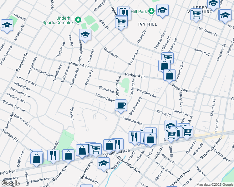 map of restaurants, bars, coffee shops, grocery stores, and more near 79 Boyden Avenue in Maplewood