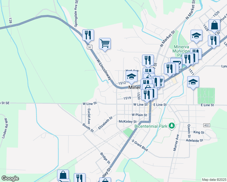 map of restaurants, bars, coffee shops, grocery stores, and more near 313 West Lincolnway in Minerva