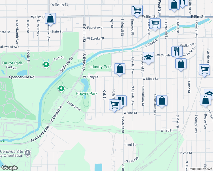 map of restaurants, bars, coffee shops, grocery stores, and more near 737 Oak Street in Lima