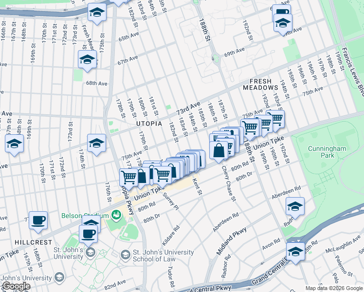 map of restaurants, bars, coffee shops, grocery stores, and more near 75-19 182nd Street in Queens