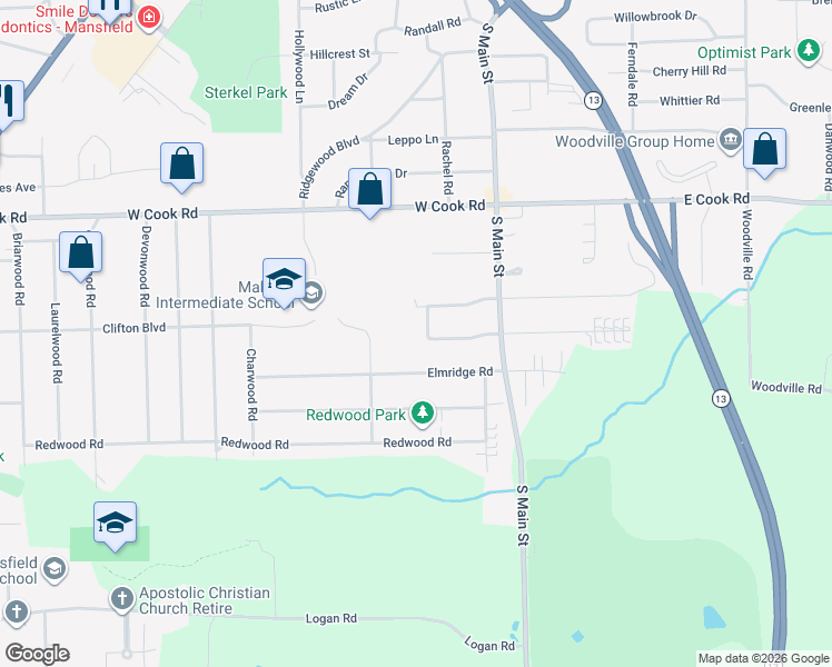 map of restaurants, bars, coffee shops, grocery stores, and more near 1086 Malabar Lane in Mansfield