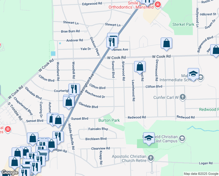 map of restaurants, bars, coffee shops, grocery stores, and more near 476 Clifton Boulevard in Mansfield