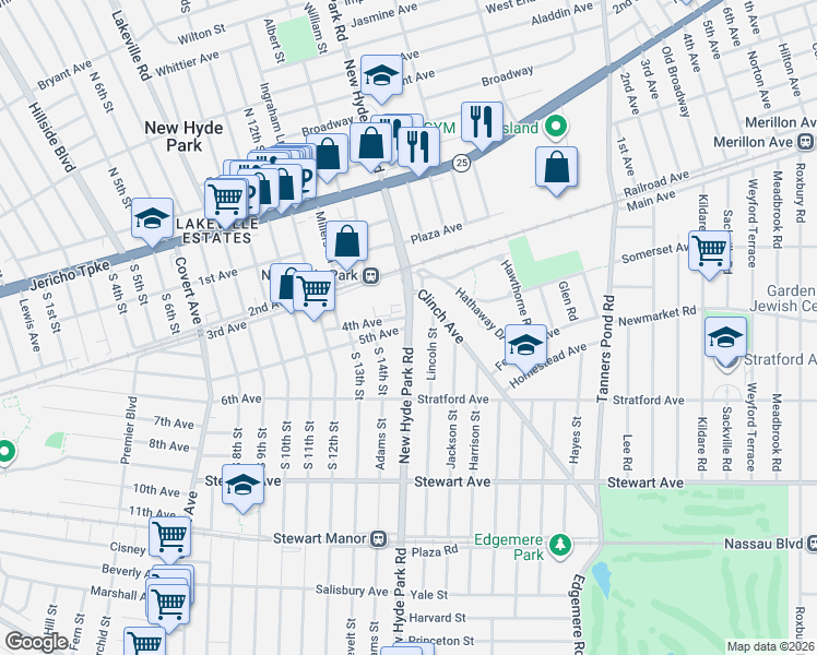 map of restaurants, bars, coffee shops, grocery stores, and more near New Hyde Park Rd & 5th Ave in New Hyde Park