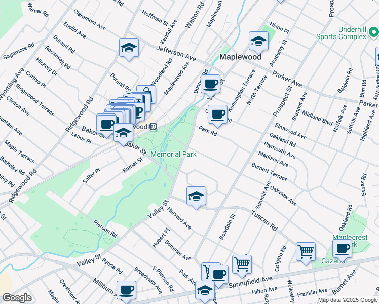 map of restaurants, bars, coffee shops, grocery stores, and more near 588 Valley Street in Maplewood