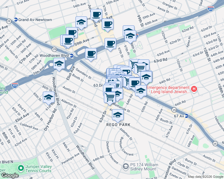 map of restaurants, bars, coffee shops, grocery stores, and more near 63-52 Saunders Street in Queens