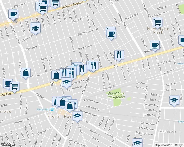map of restaurants, bars, coffee shops, grocery stores, and more near 302 New York 25 in Floral Park