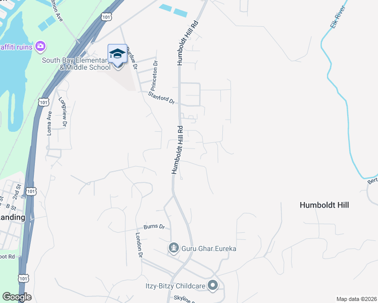 map of restaurants, bars, coffee shops, grocery stores, and more near 6447 Humboldt Hill Rd in Eureka