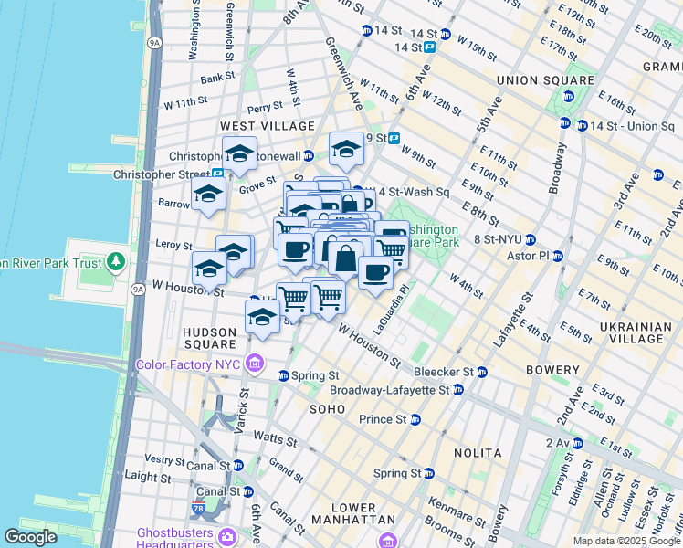 map of restaurants, bars, coffee shops, grocery stores, and more near 190 Bleecker Street in New York