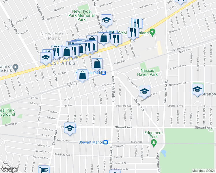 map of restaurants, bars, coffee shops, grocery stores, and more near 1407 5th Avenue in New Hyde Park