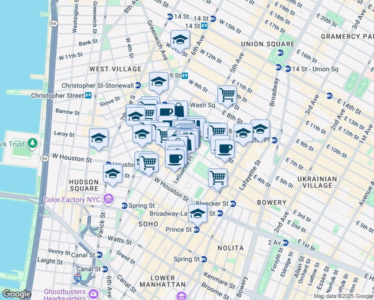 map of restaurants, bars, coffee shops, grocery stores, and more near 234 Thompson Street in New York