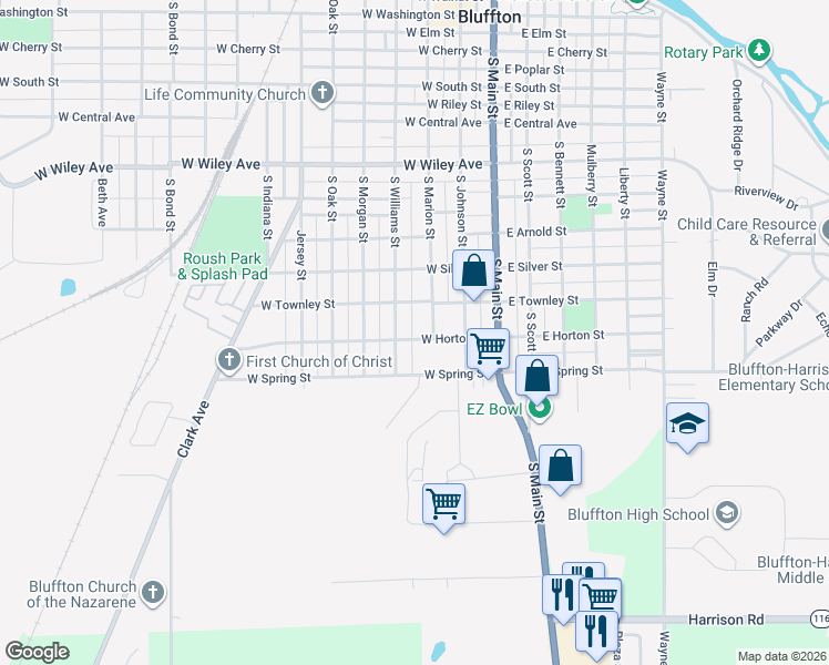 map of restaurants, bars, coffee shops, grocery stores, and more near 315 West Horton Street in Bluffton