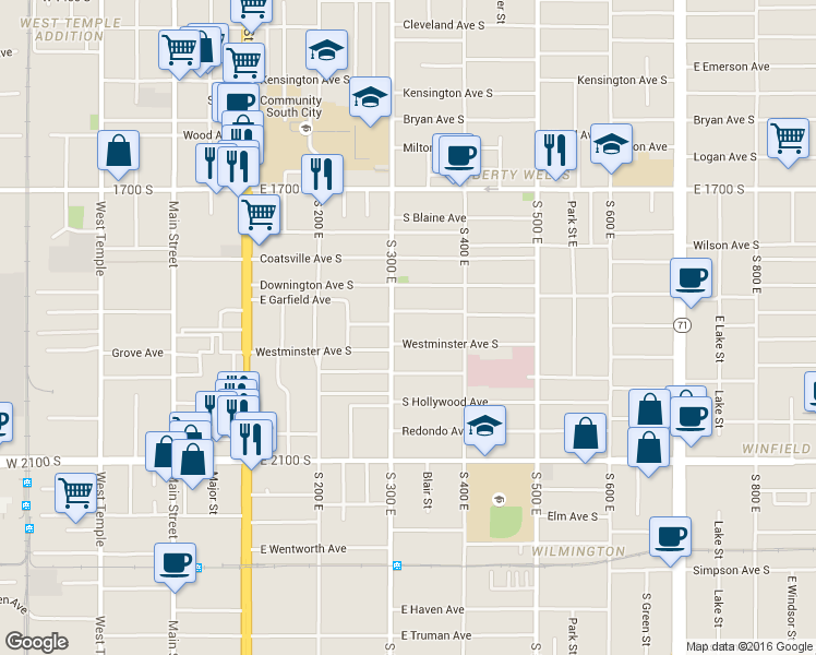 map of restaurants, bars, coffee shops, grocery stores, and more near 1875 South 300 East in Salt Lake City