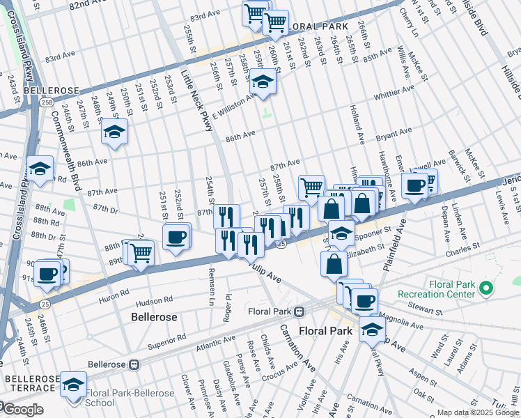 map of restaurants, bars, coffee shops, grocery stores, and more near 256-15 87th Road in Queens