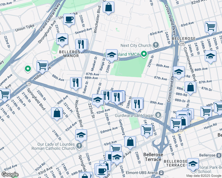 map of restaurants, bars, coffee shops, grocery stores, and more near 88-30 Lyman Street in Queens