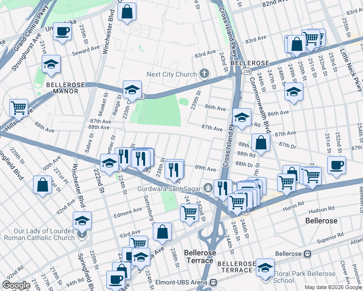 map of restaurants, bars, coffee shops, grocery stores, and more near 88-19 239th Street in Queens