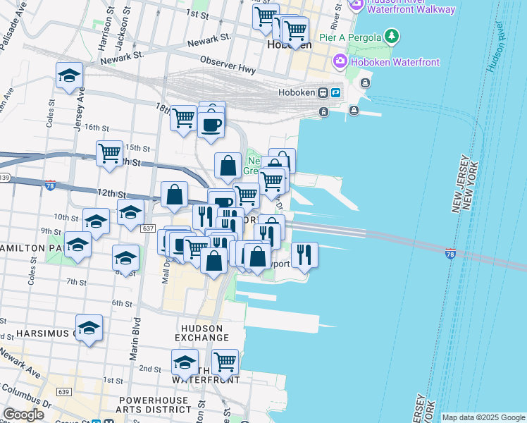 map of restaurants, bars, coffee shops, grocery stores, and more near 20 Newport Parkway in Jersey City