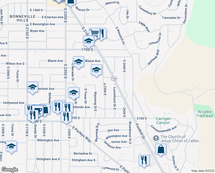 map of restaurants, bars, coffee shops, grocery stores, and more near 1877 South 2500 East in Salt Lake City