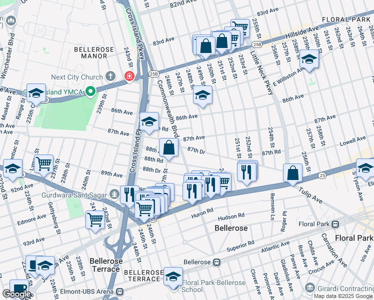 map of restaurants, bars, coffee shops, grocery stores, and more near 12 87th Drive in Queens