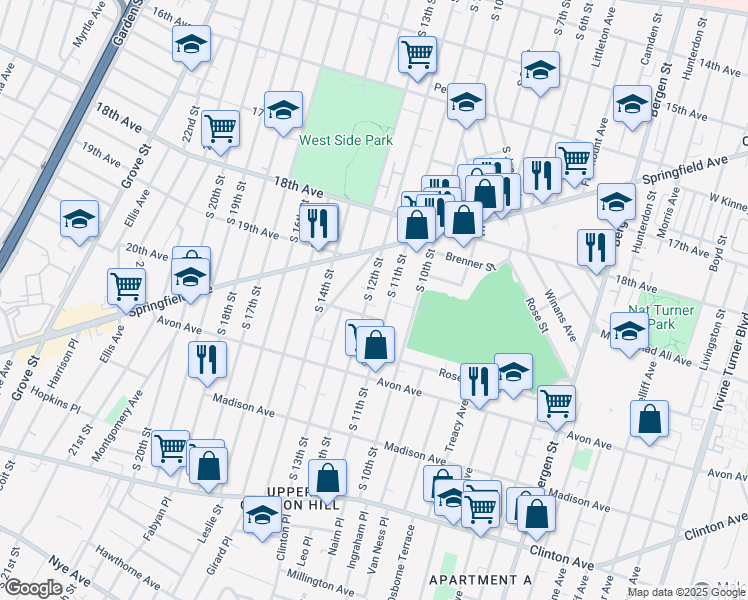 map of restaurants, bars, coffee shops, grocery stores, and more near 690 South 12th Street in Newark