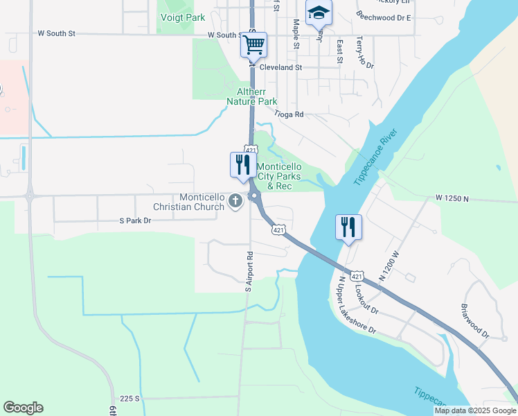 map of restaurants, bars, coffee shops, grocery stores, and more near 101 Oak Drive in Monticello