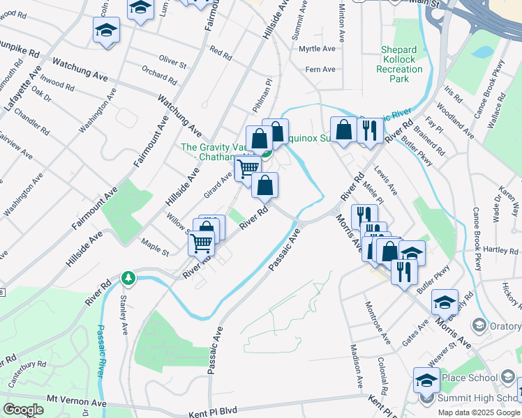 map of restaurants, bars, coffee shops, grocery stores, and more near 2 River Road in Chatham