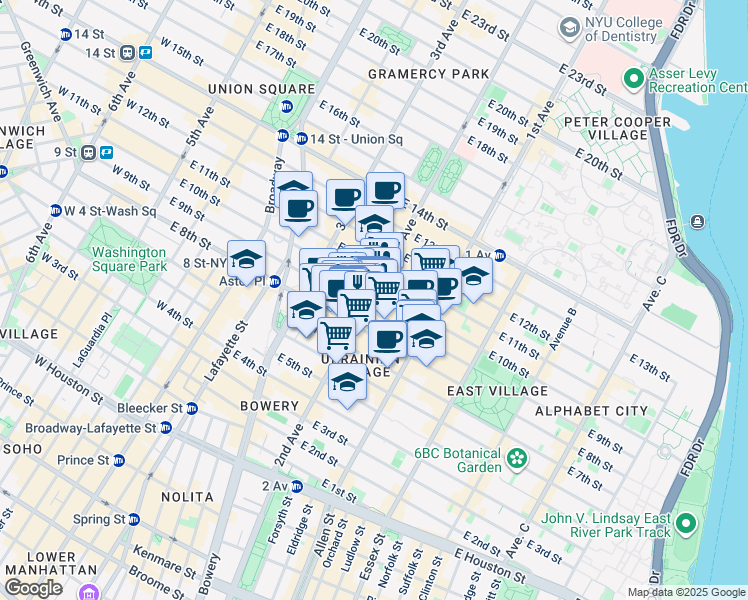map of restaurants, bars, coffee shops, grocery stores, and more near 149 2nd Avenue in New York