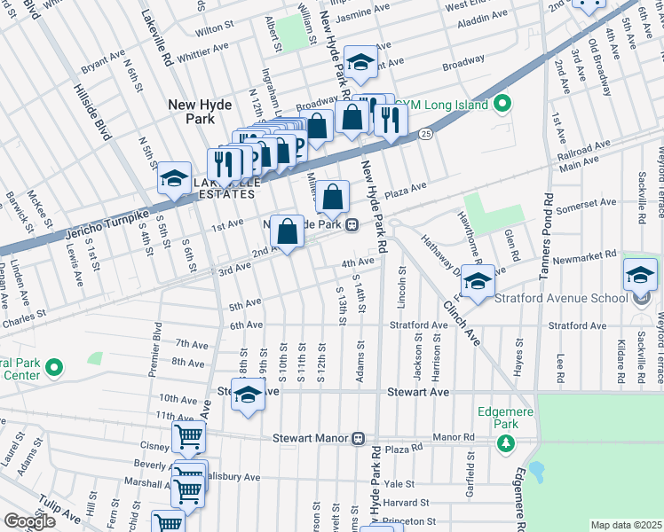 map of restaurants, bars, coffee shops, grocery stores, and more near 1301 4th Avenue in New Hyde Park