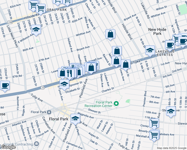 map of restaurants, bars, coffee shops, grocery stores, and more near 316 Jericho Turnpike in Floral Park