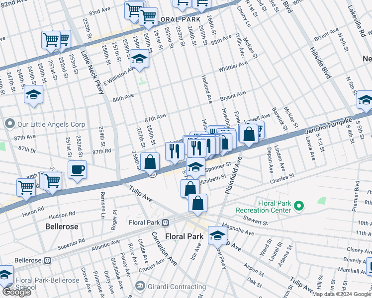 map of restaurants, bars, coffee shops, grocery stores, and more near 18 Whitney Avenue in Floral Park