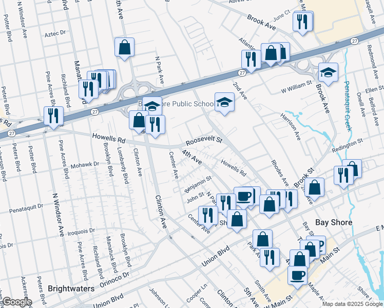 map of restaurants, bars, coffee shops, grocery stores, and more near 301 4th Avenue in Bay Shore