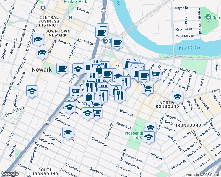 map of restaurants, bars, coffee shops, grocery stores, and more near 117 Prospect Street in Newark