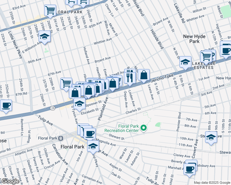 map of restaurants, bars, coffee shops, grocery stores, and more near 316 Jericho Turnpike in Floral Park