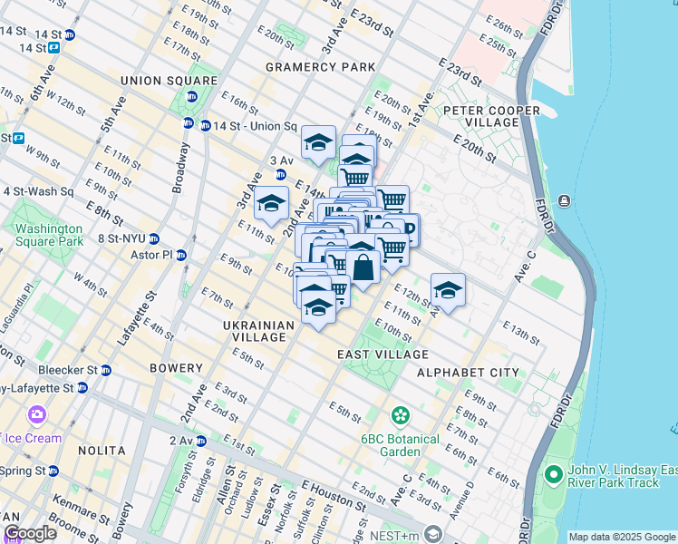 map of restaurants, bars, coffee shops, grocery stores, and more near 200 1st Avenue in New York