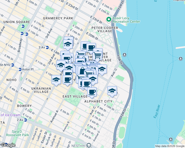 map of restaurants, bars, coffee shops, grocery stores, and more near 542 East 14th Street in New York