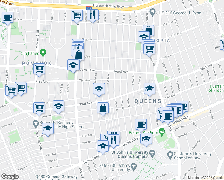 map of restaurants, bars, coffee shops, grocery stores, and more near 71-38 170th Street in Queens
