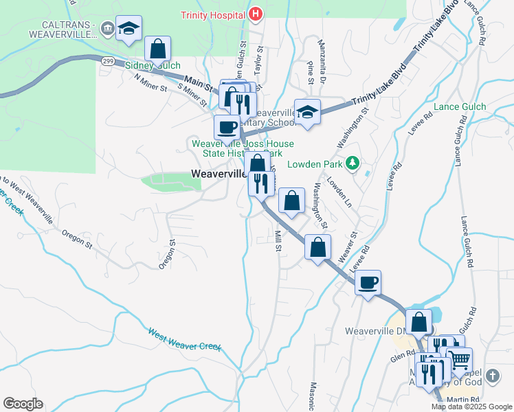 map of restaurants, bars, coffee shops, grocery stores, and more near 790 Main Street in Weaverville