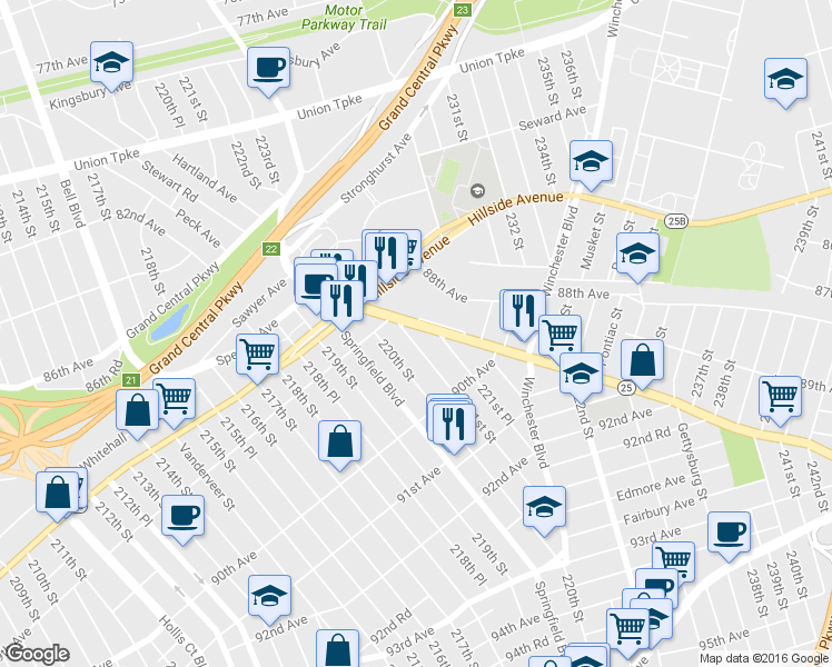 map of restaurants, bars, coffee shops, grocery stores, and more near 89-25 221st Street in Queens