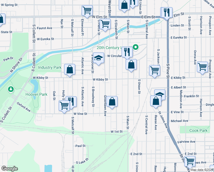 map of restaurants, bars, coffee shops, grocery stores, and more near 723 Greenlawn Avenue in Lima