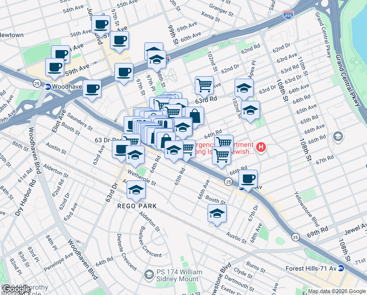 map of restaurants, bars, coffee shops, grocery stores, and more near 97-30 64th Road in Queens