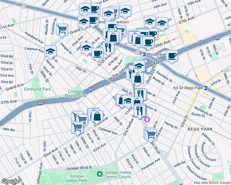 map of restaurants, bars, coffee shops, grocery stores, and more near 85-4 60th Avenue in Queens