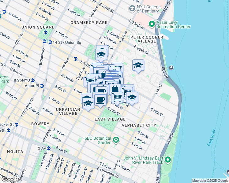 map of restaurants, bars, coffee shops, grocery stores, and more near 201 Avenue A in New York