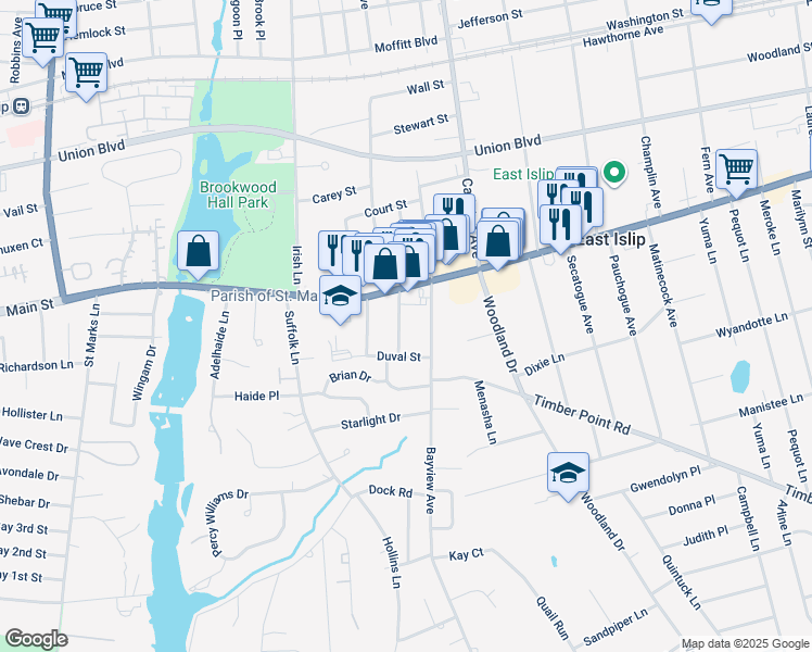 map of restaurants, bars, coffee shops, grocery stores, and more near 15 William Avenue in East Islip