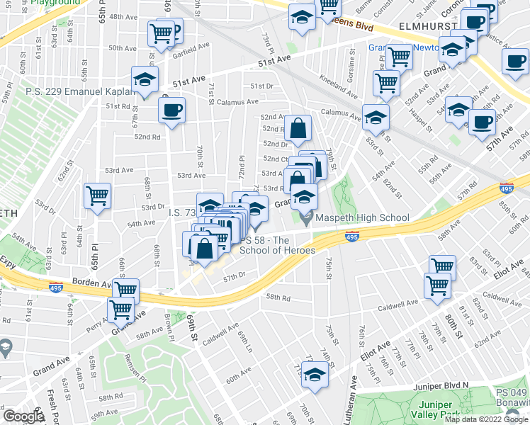 map of restaurants, bars, coffee shops, grocery stores, and more near 7343 Grand Avenue in Queens
