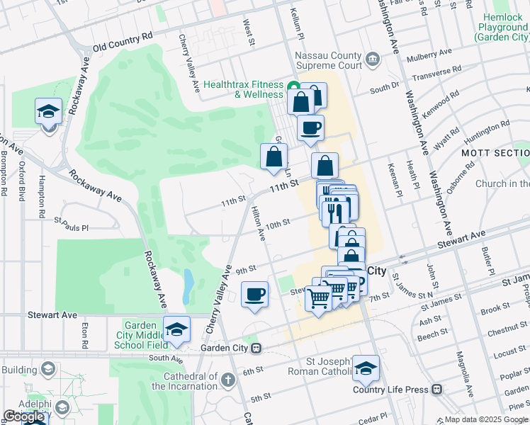 map of restaurants, bars, coffee shops, grocery stores, and more near 121 Hilton Avenue in Garden City