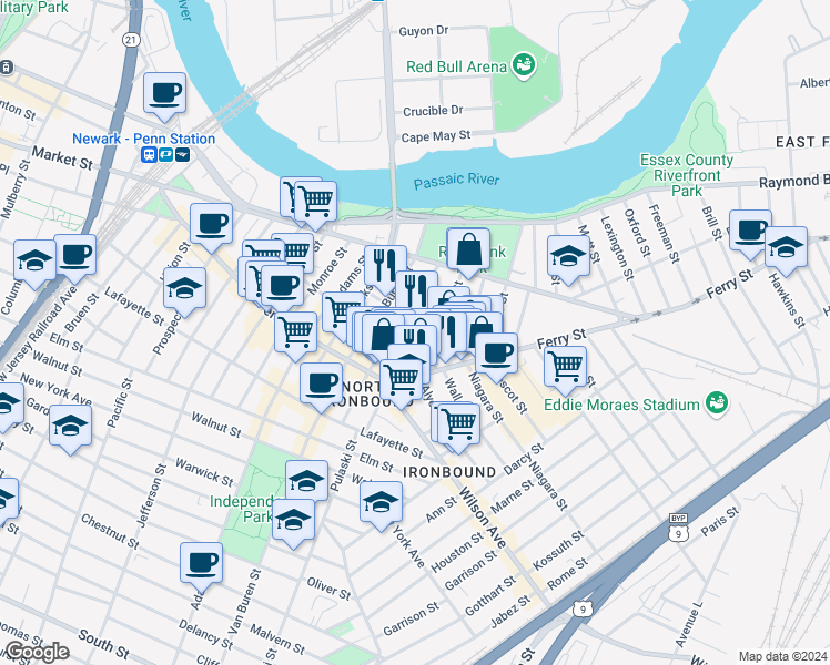 map of restaurants, bars, coffee shops, grocery stores, and more near 47 Clover Street in Newark