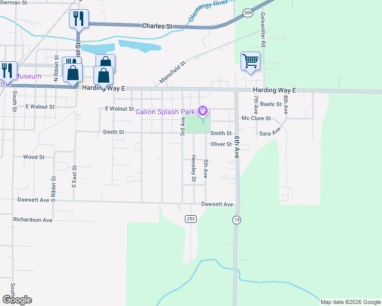 map of restaurants, bars, coffee shops, grocery stores, and more near 316 Hensley Street in Galion