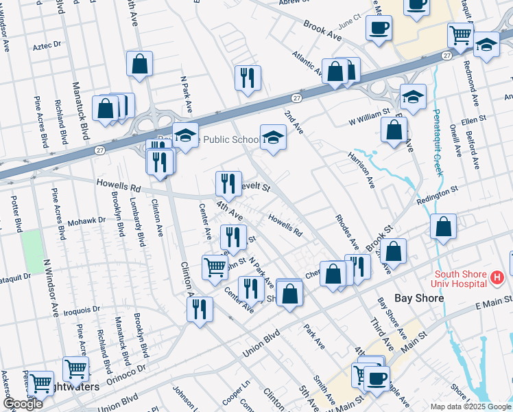 map of restaurants, bars, coffee shops, grocery stores, and more near 37 Howells Road in Bay Shore